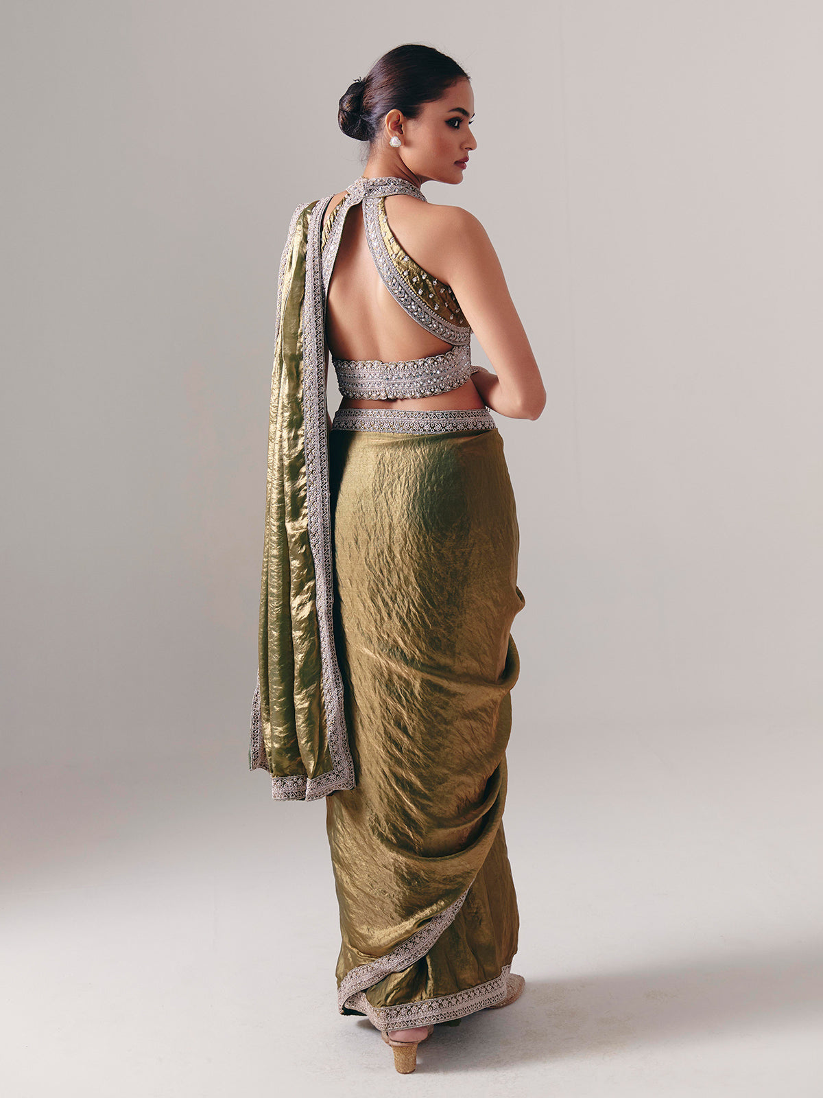 Pastel olive chiffon silk ready to wear saree for wedding celebration