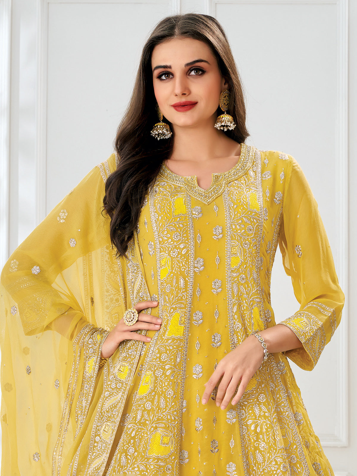 Yellow georgette festive wear anarkali suit for women