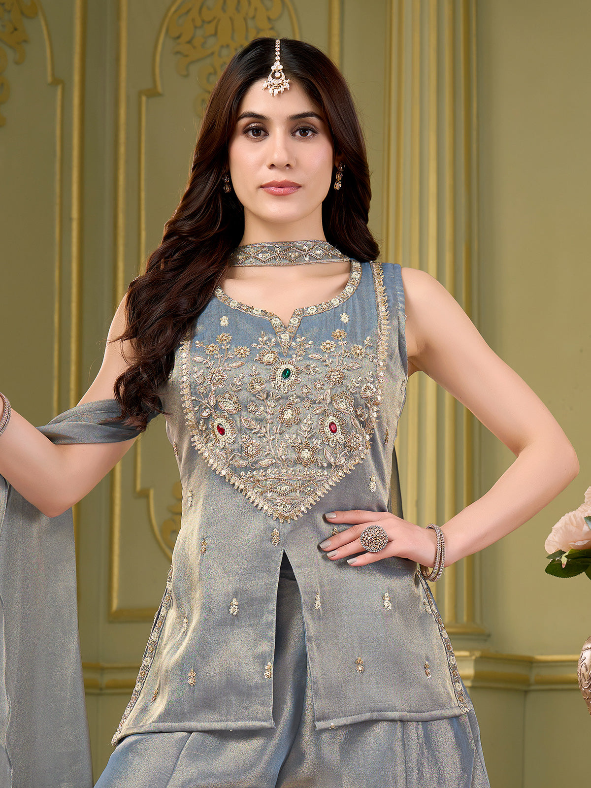 Pastel grey tissue silk pakistani suit with zardosi yoke work