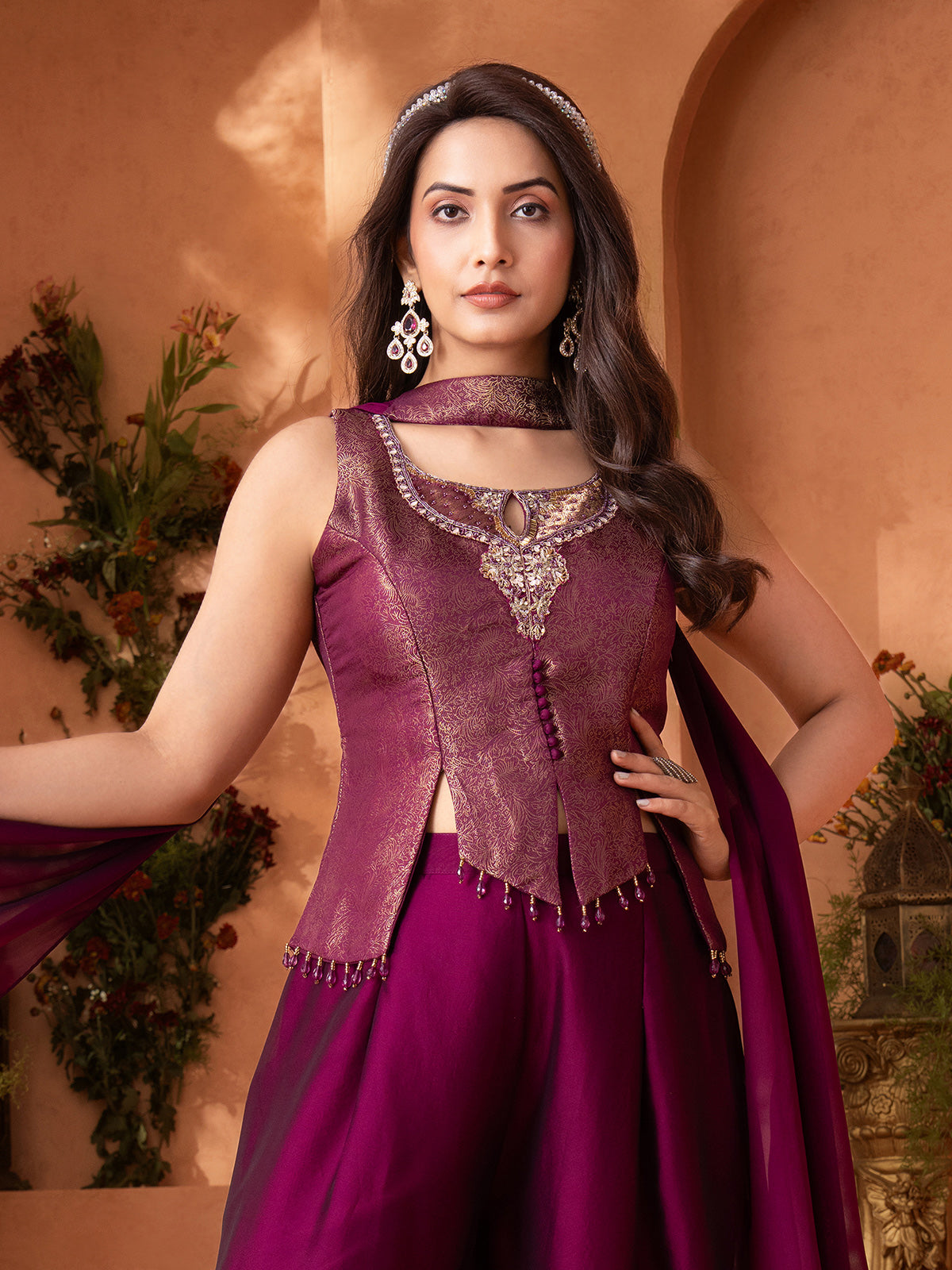 Purple brocade palazzo salwar suit with zardosi mirror work