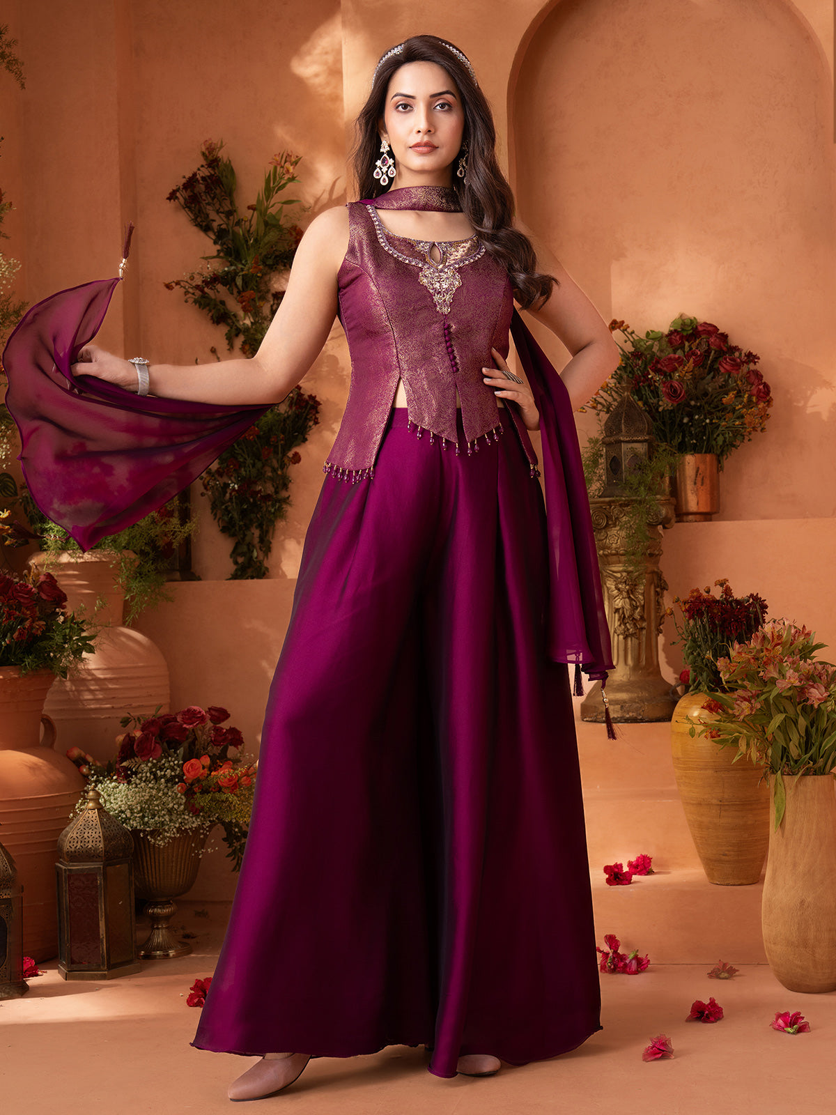 Purple brocade palazzo salwar suit with zardosi mirror work