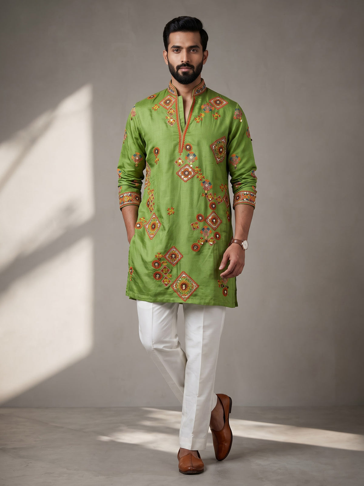 Parrot green kutchi folk raw silk men kurta suit