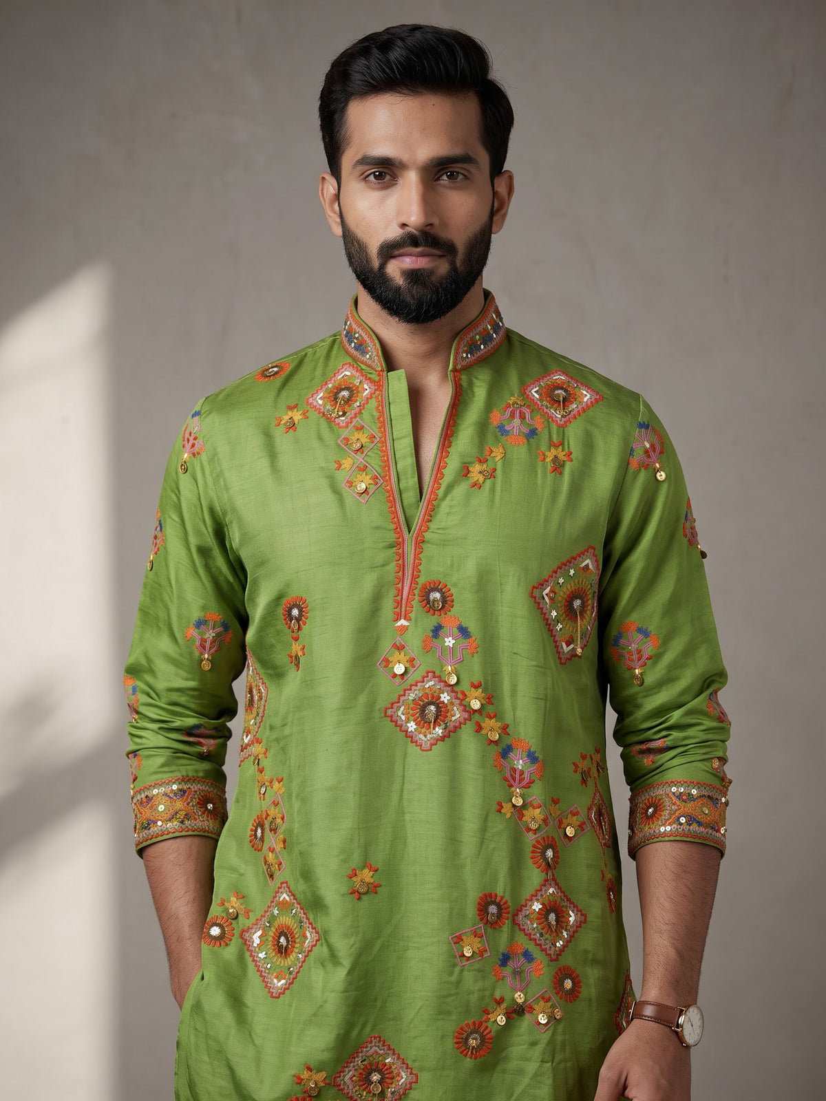 Parrot green kutchi folk raw silk men kurta suit