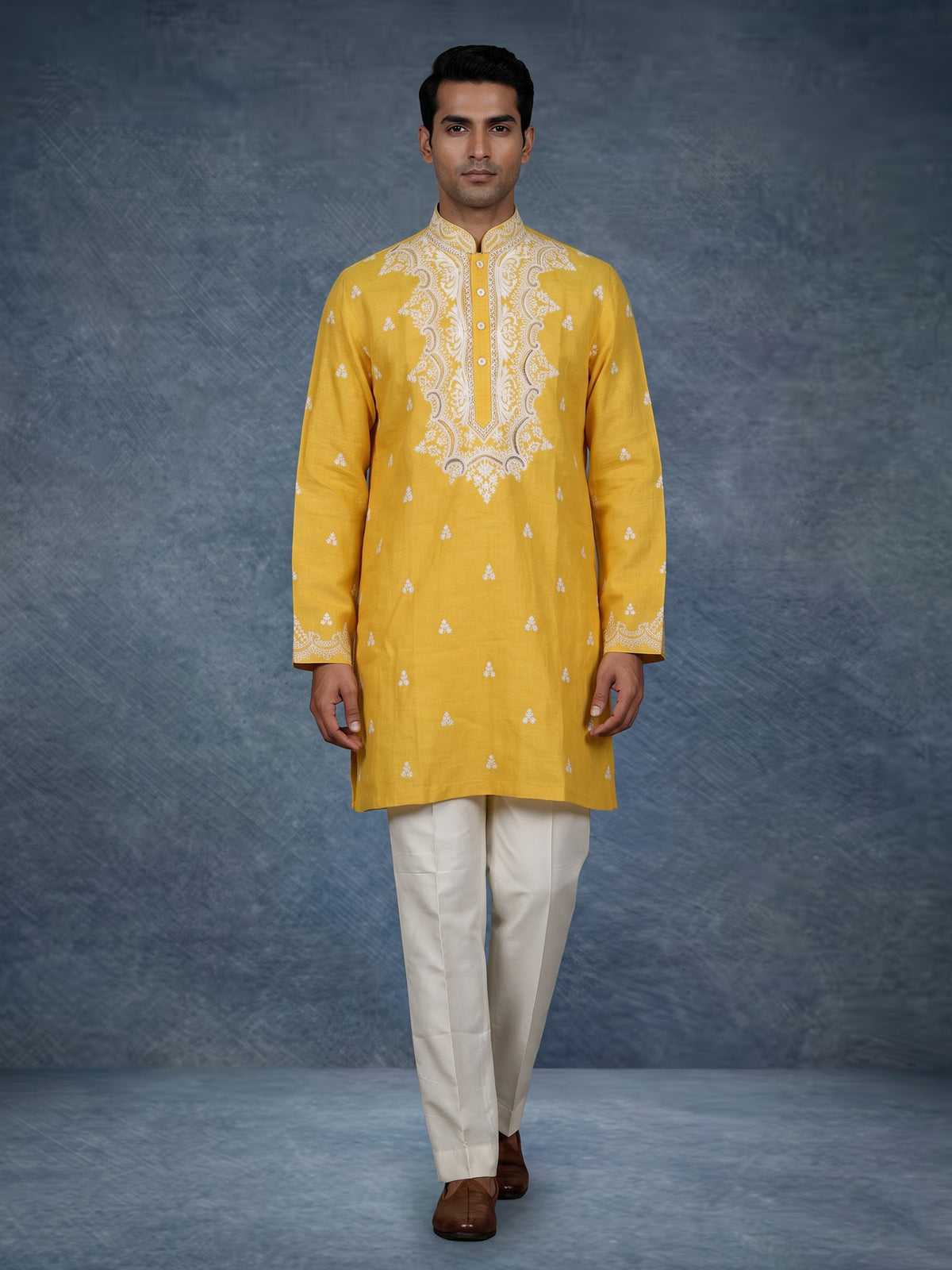 Yellow ivory botanical cotton linen men kurta suit