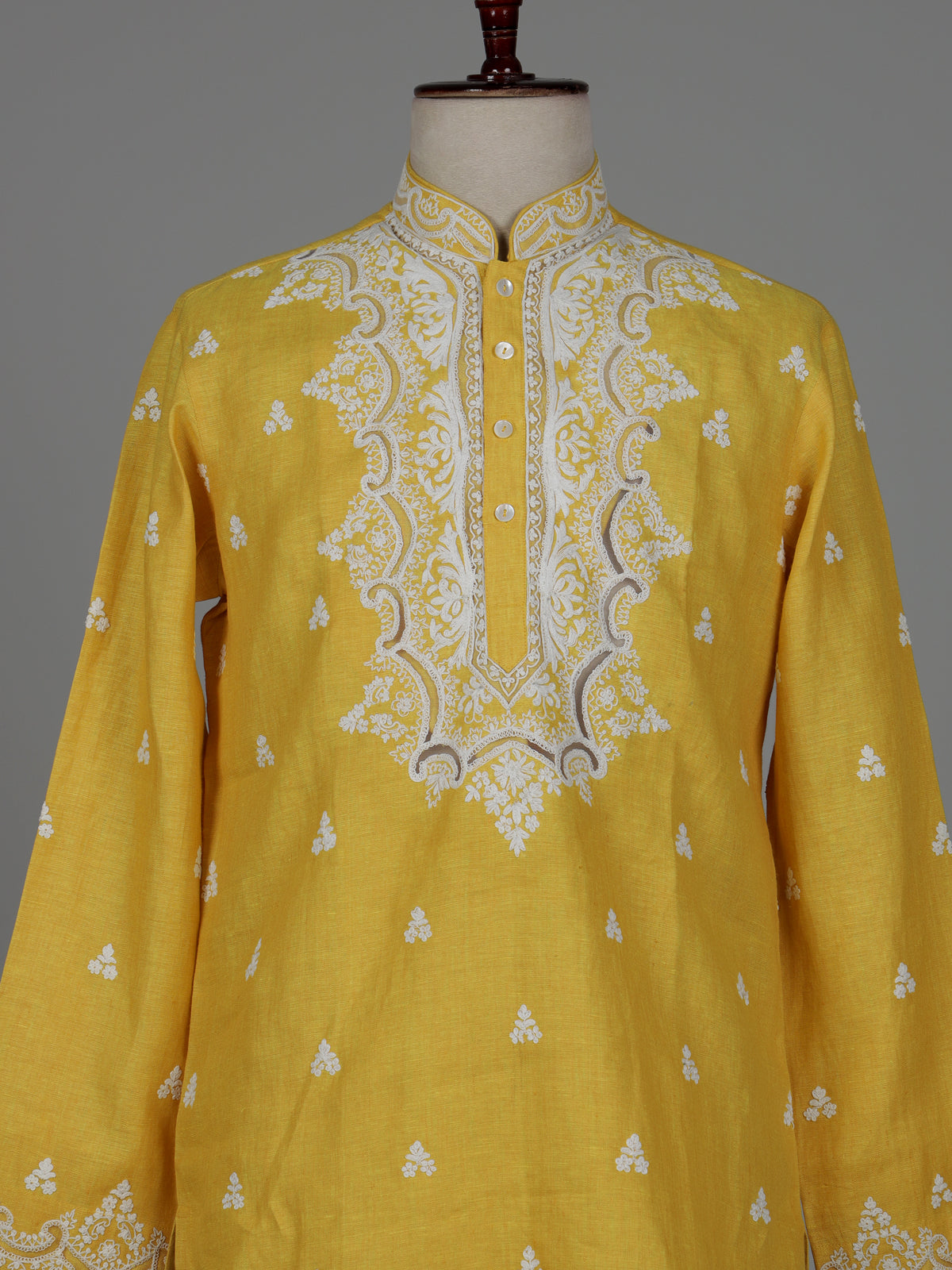 Yellow ivory botanical cotton linen men kurta suit