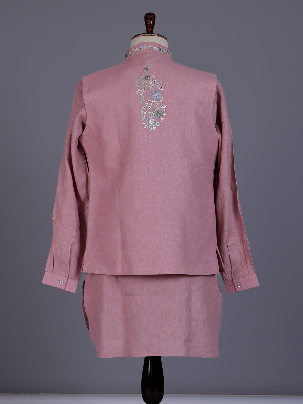 Onion pink cotton silk mens waistcoat set with floral pearl work