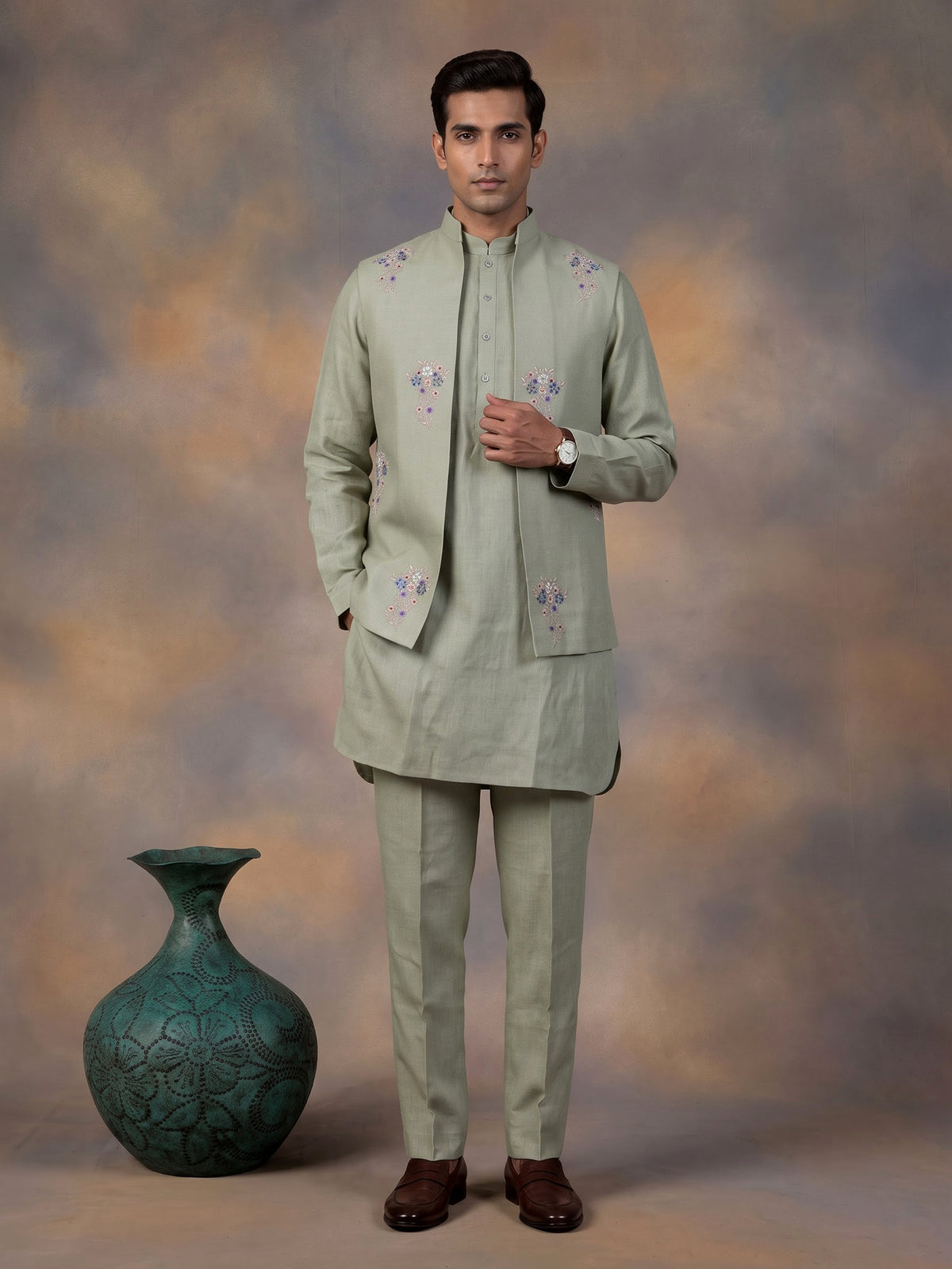 Pista green cotton silk mens waistcoat set with pearl embroidery