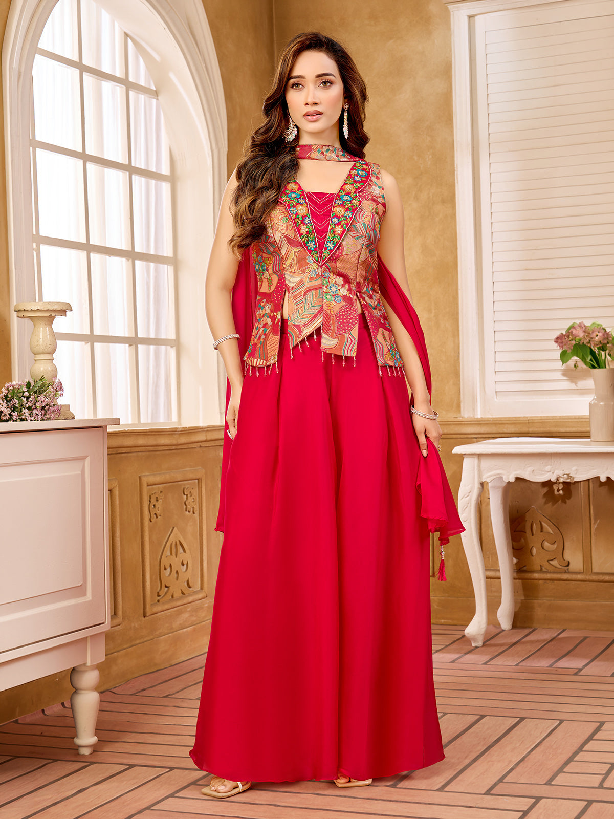 Rani pink brocade designer salwar suit with zardosi collar