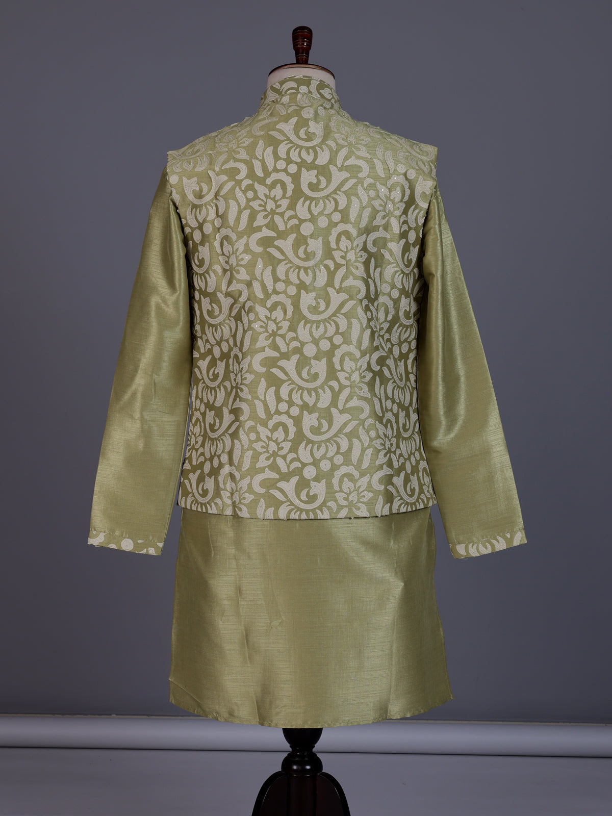 Pista green silk mens waistcoat set with floral sequin detailing