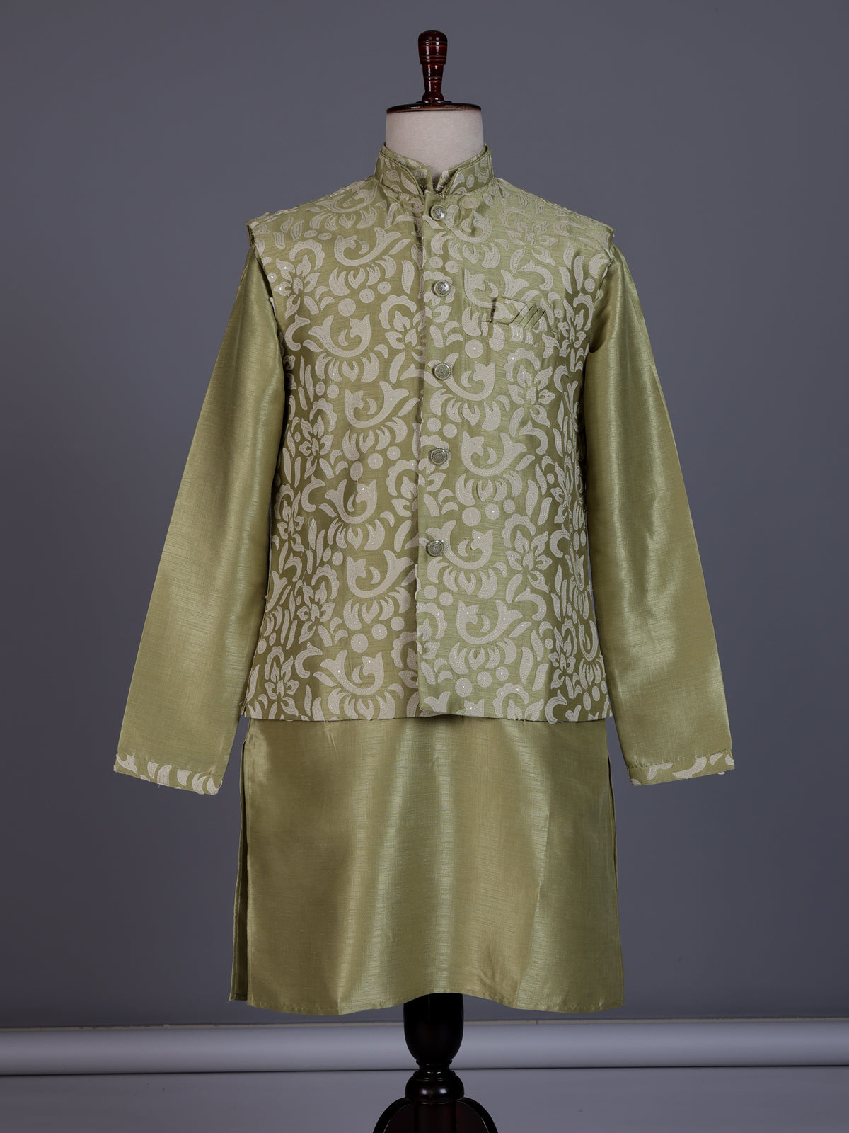 Pista green silk mens waistcoat set with floral sequin detailing