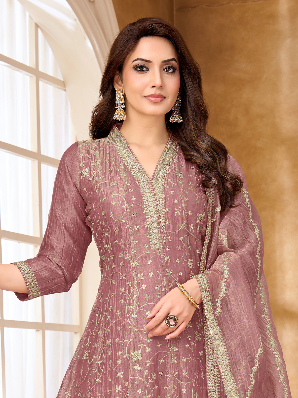 Onion pink chiffon tissue anarkali suit with sequin detailing