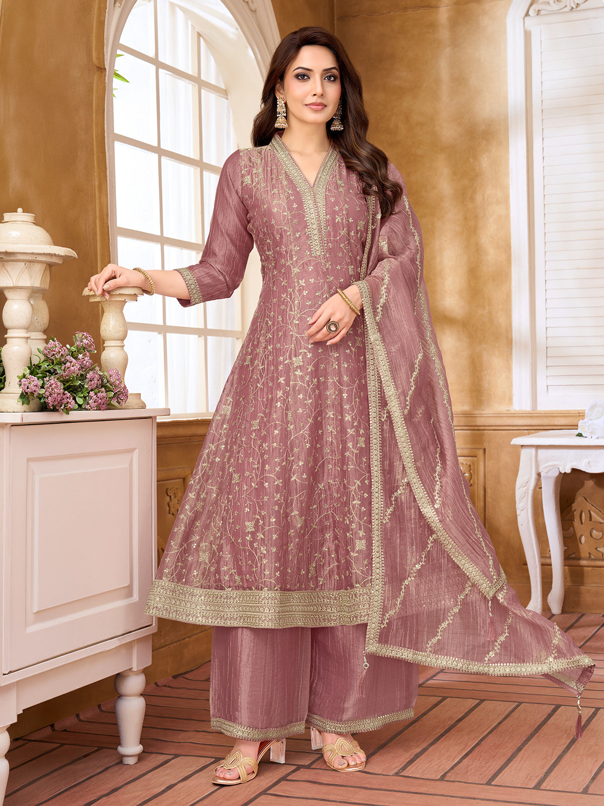 Onion pink chiffon tissue anarkali suit with sequin detailing