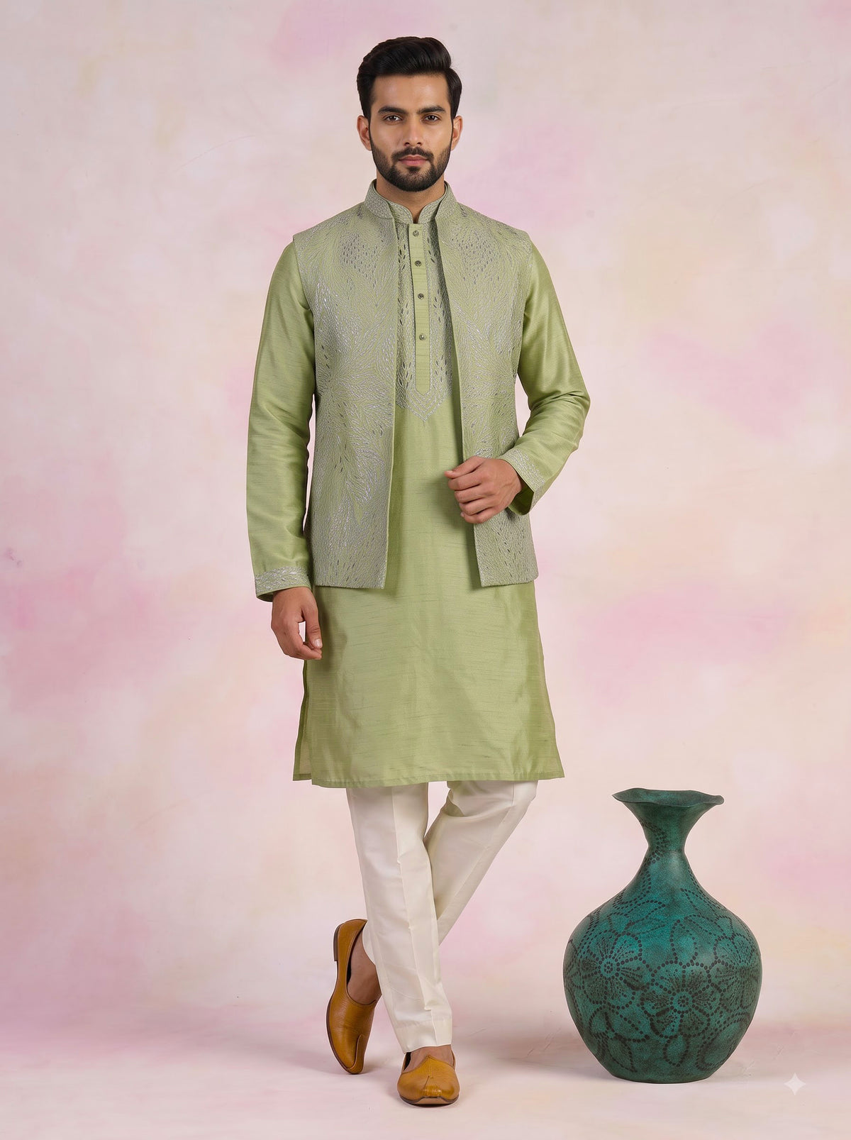 Olive green raw silk men waistcoat set