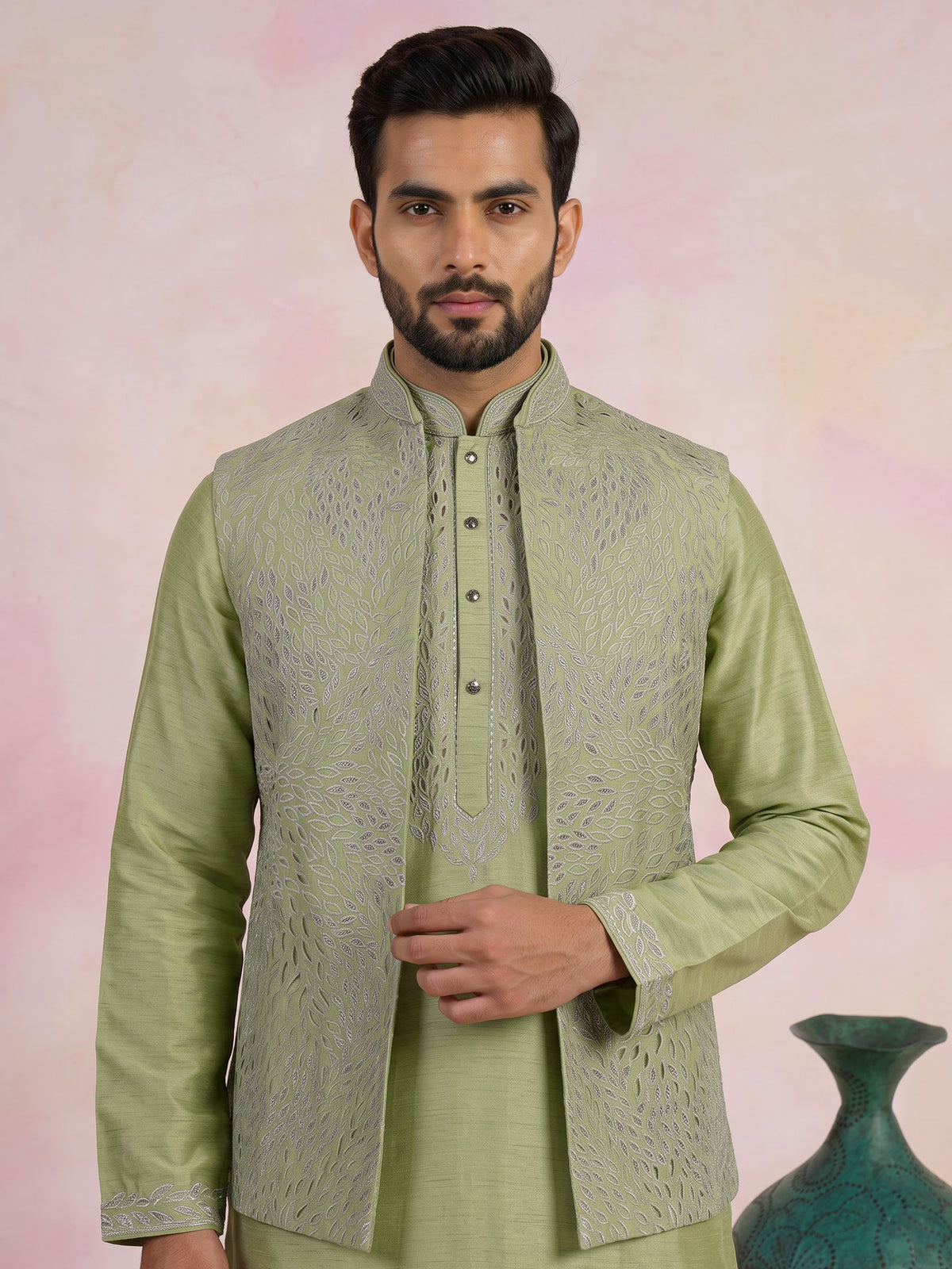 Olive green raw silk men waistcoat set
