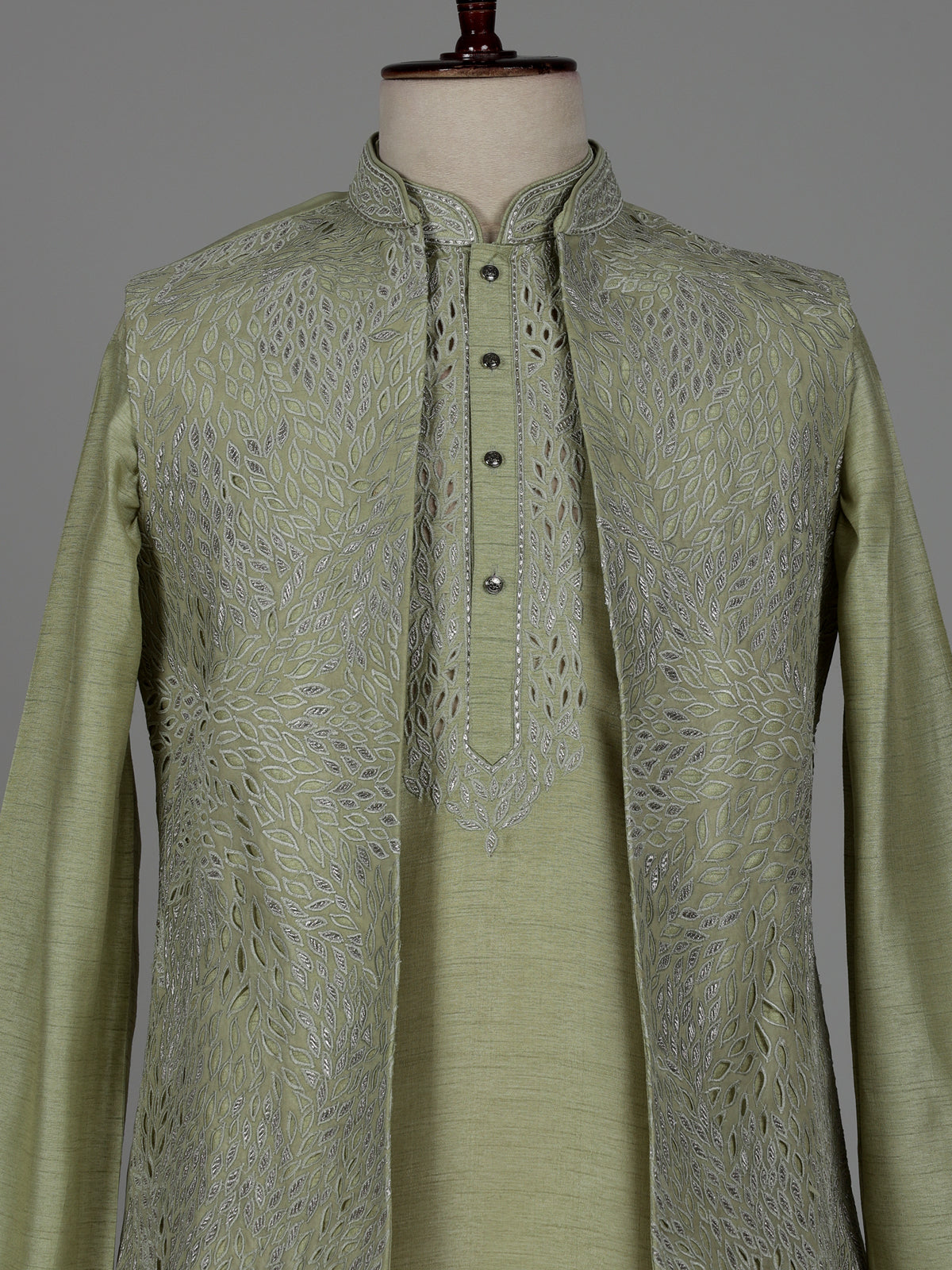 Olive green raw silk men waistcoat set