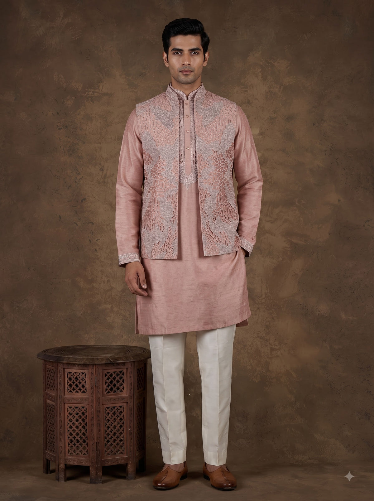 Onion pink botanical filigree raw silk men waistcoat set