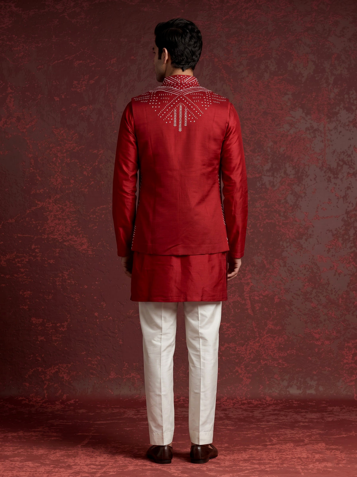 Dark red nehru jacket cotton linen men waistcoat set