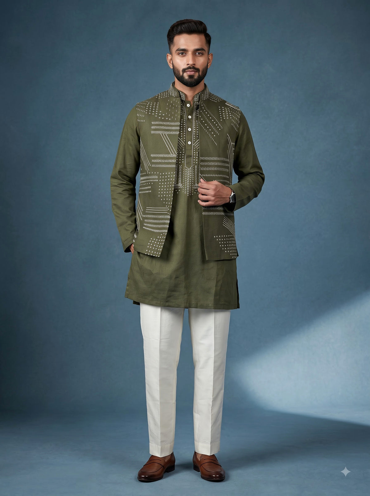 Olive green geometric Nehru jacket cotton linen men waistcoat set