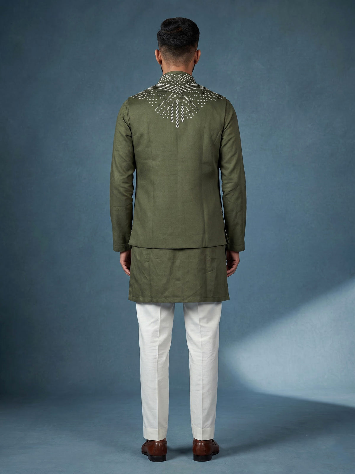 Olive green geometric Nehru jacket cotton linen men waistcoat set