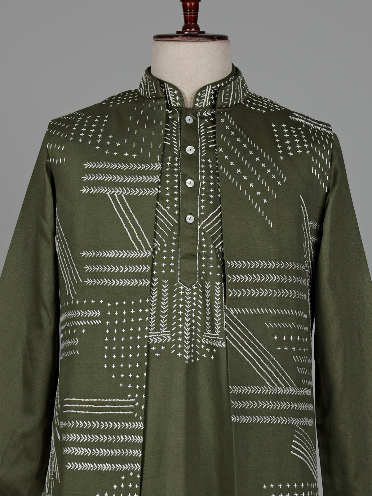 Olive green geometric Nehru jacket cotton linen men waistcoat set