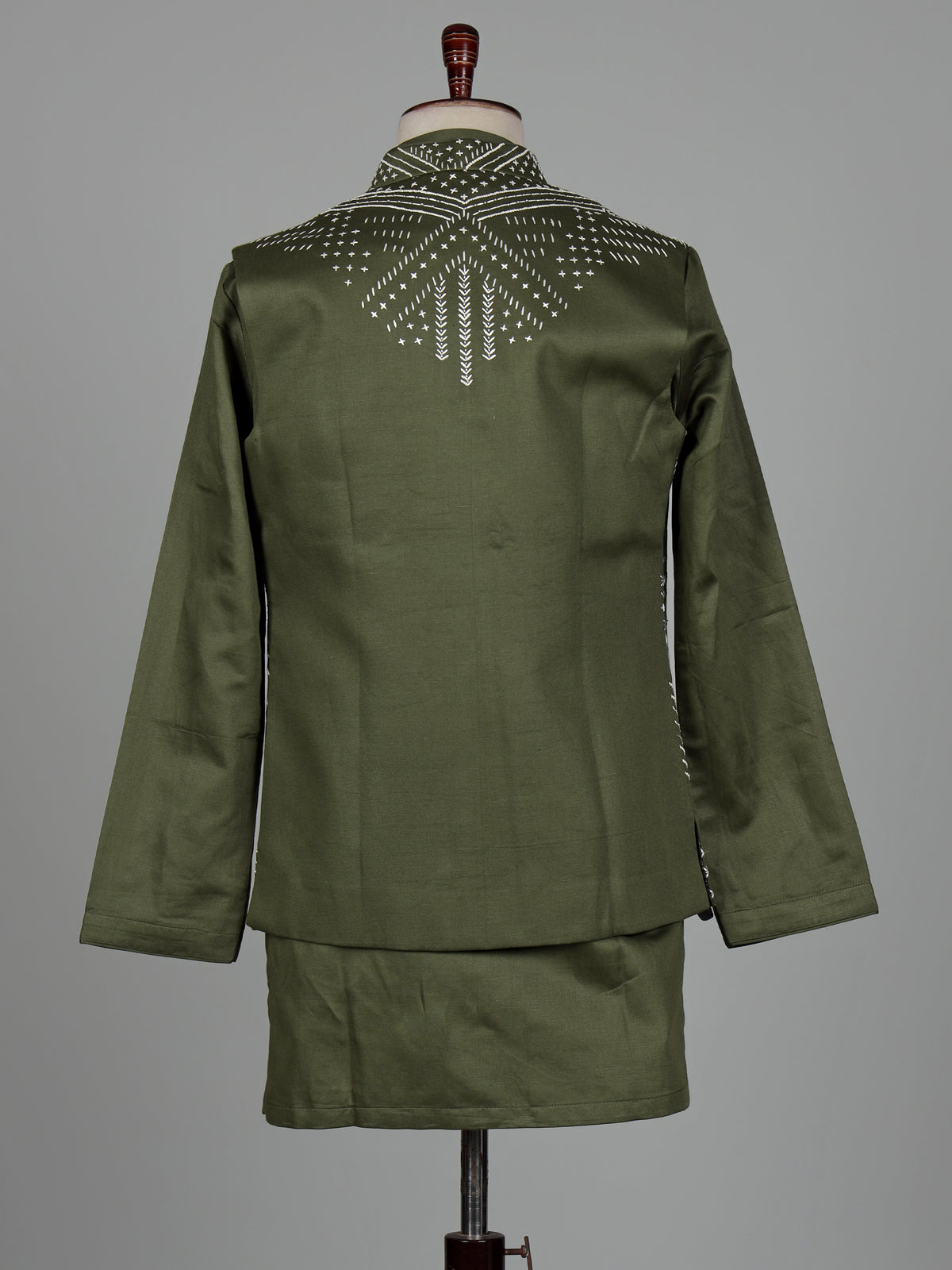 Olive green geometric Nehru jacket cotton linen men waistcoat set