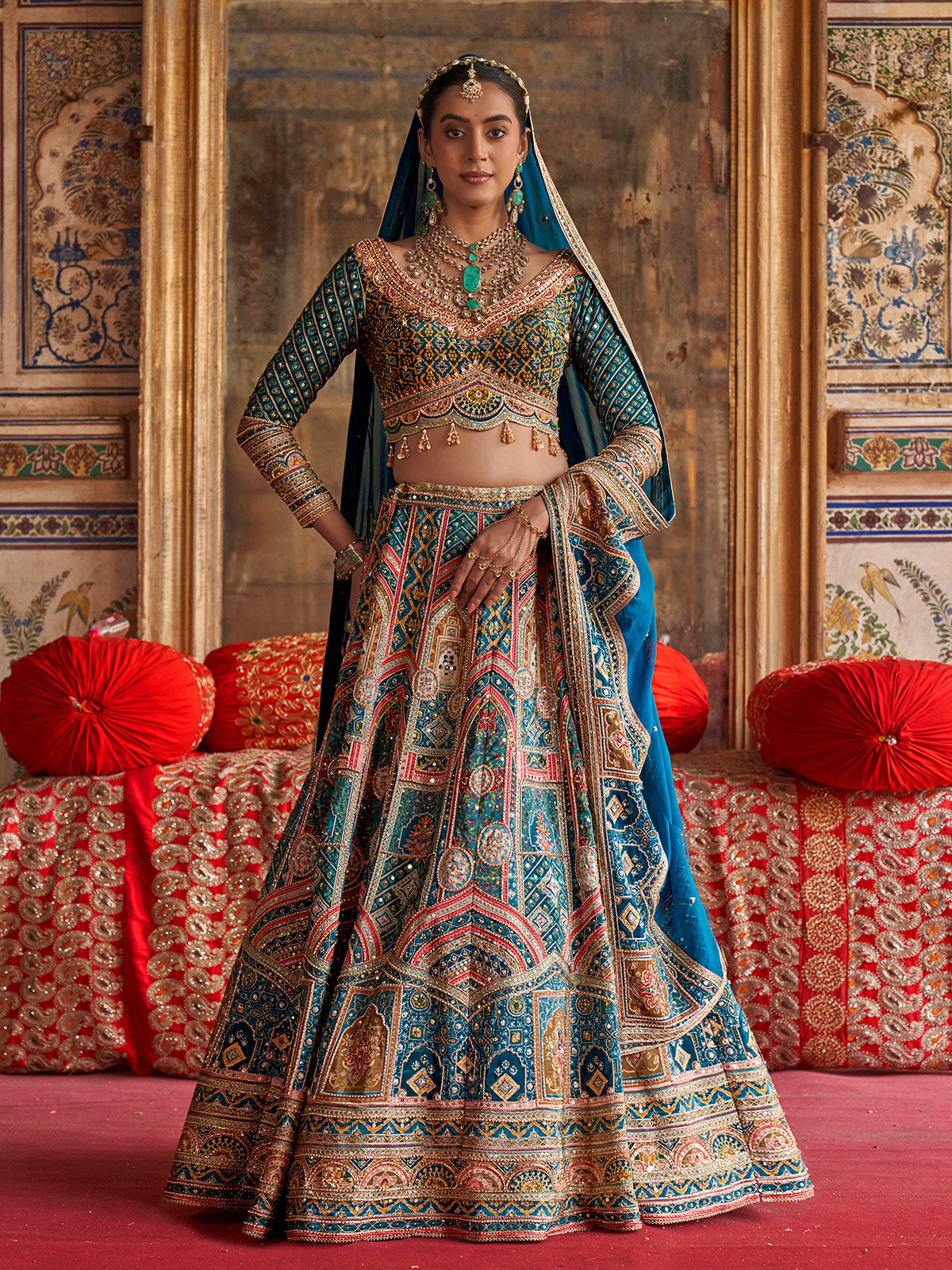 Rama blue patola inspired women bridal lehenga choli