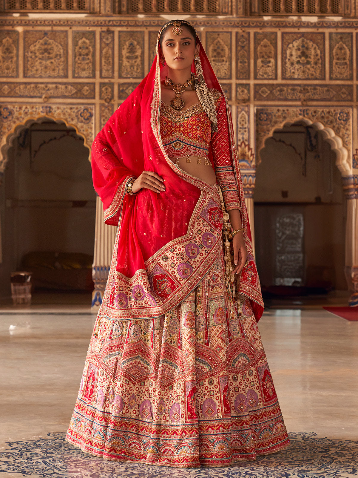 Red and white mughal women bridal lehenga choli