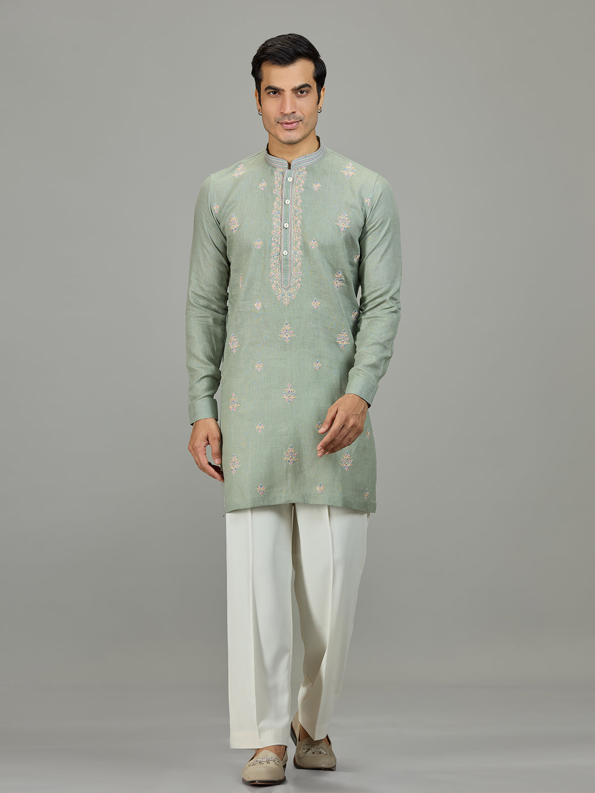 Pista green floral zardosi linen men kurta suit