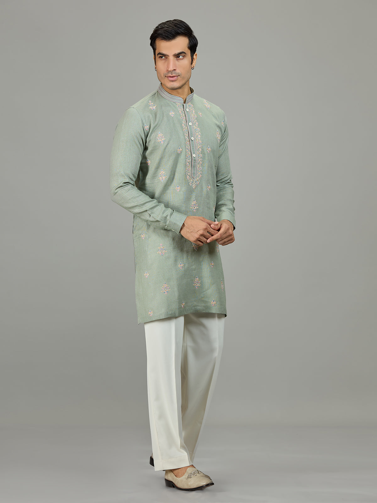 Pista green floral zardosi linen men kurta suit