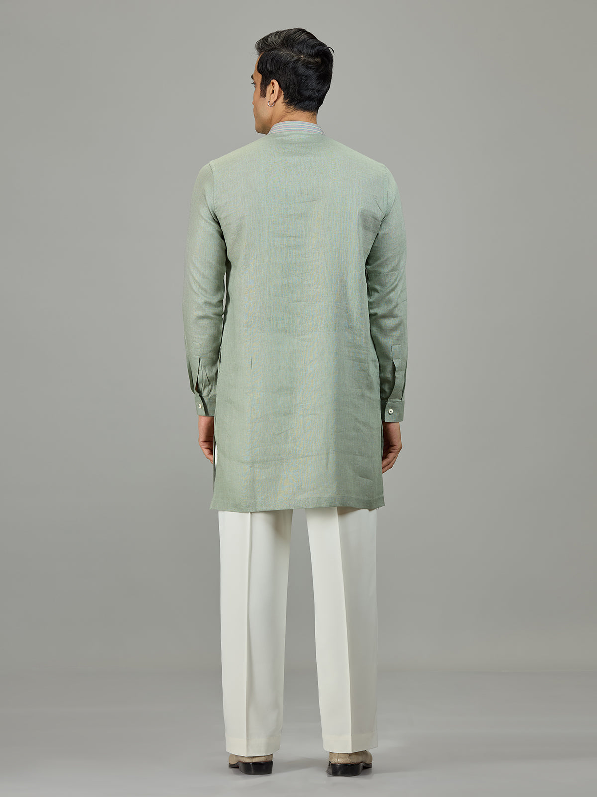 Pista green floral zardosi linen men kurta suit