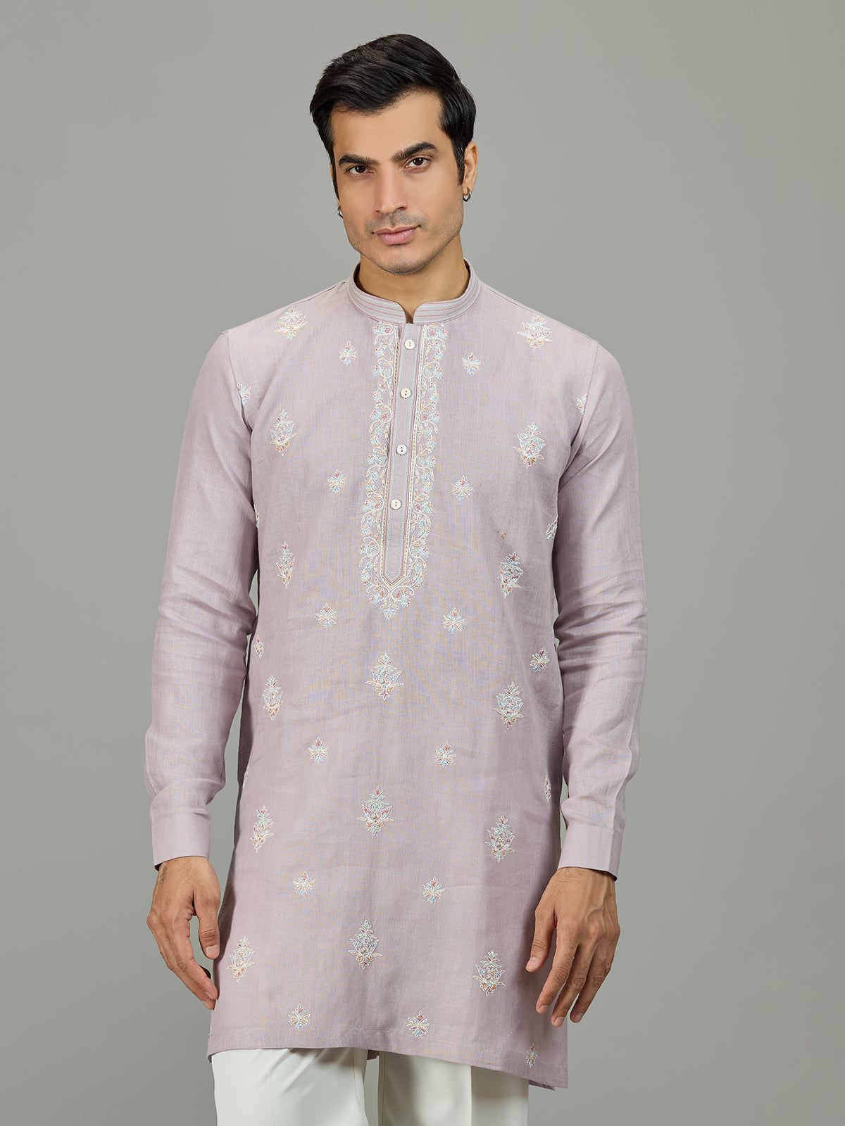 Lilac purple zardosi linen men kurta suit