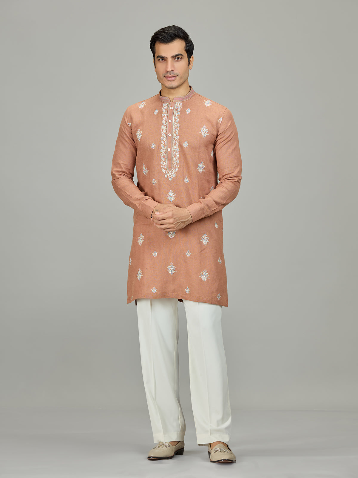Rust peach royal botanical linen men kurta suit