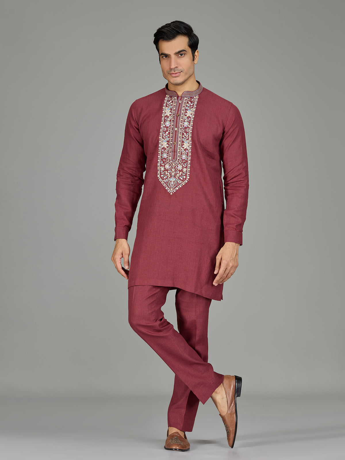 Maroon floral tapestry linen men kurta suit