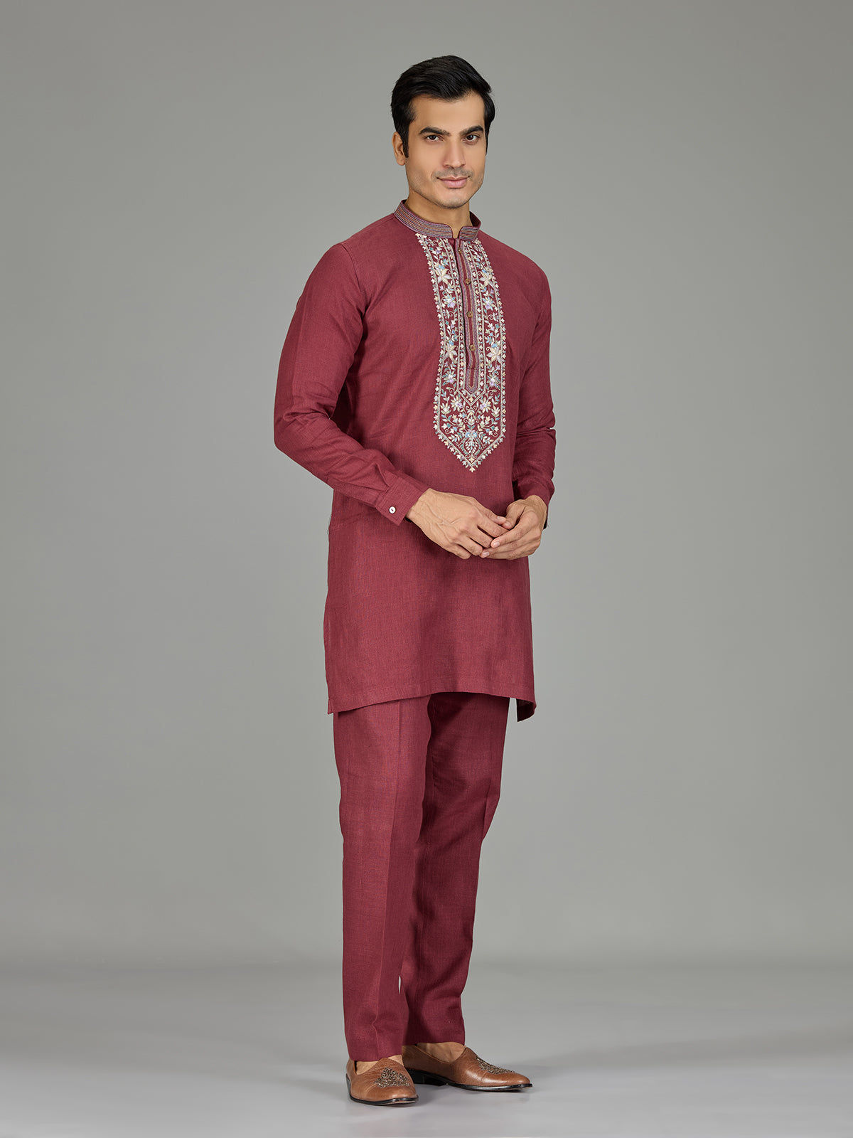 Maroon floral tapestry linen men kurta suit