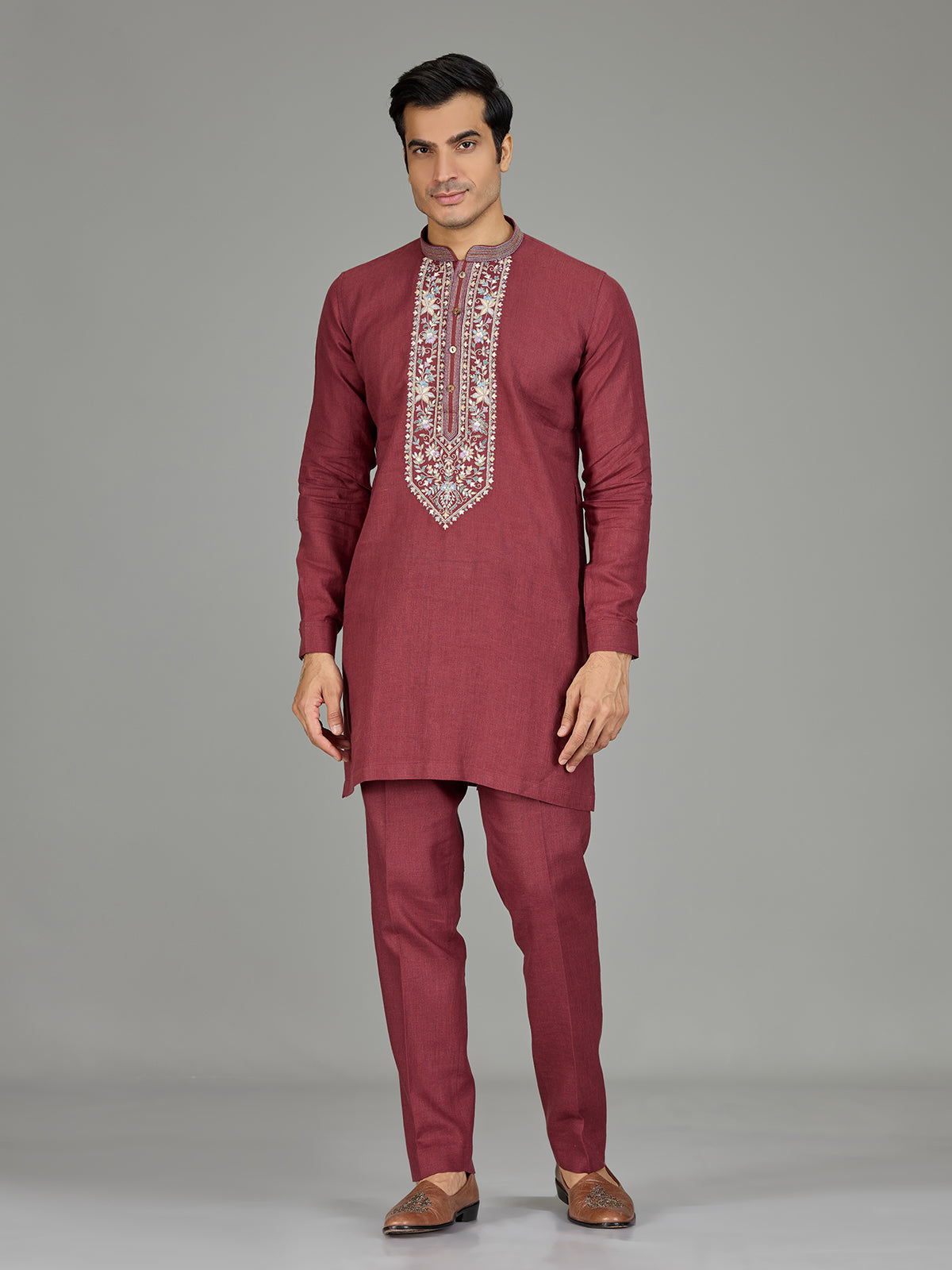 Maroon floral tapestry linen men kurta suit