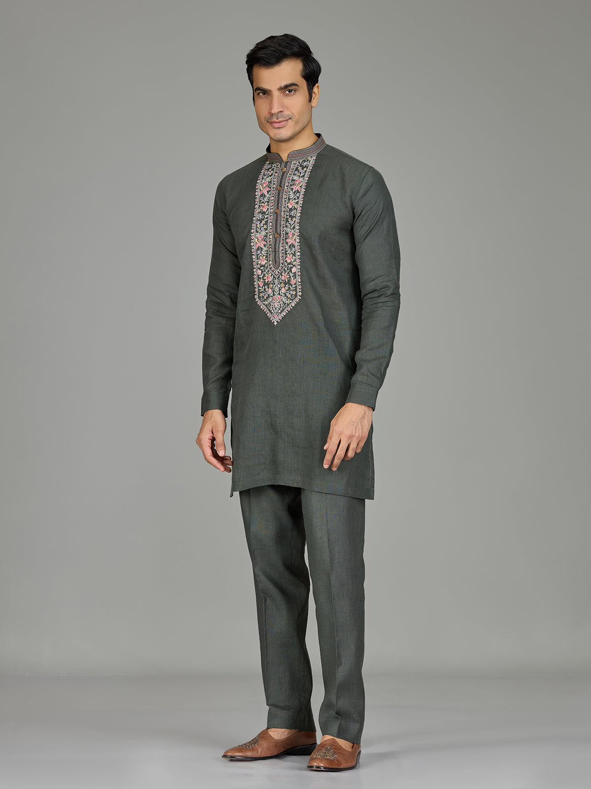 Green floral panel premium linen men kurta suit