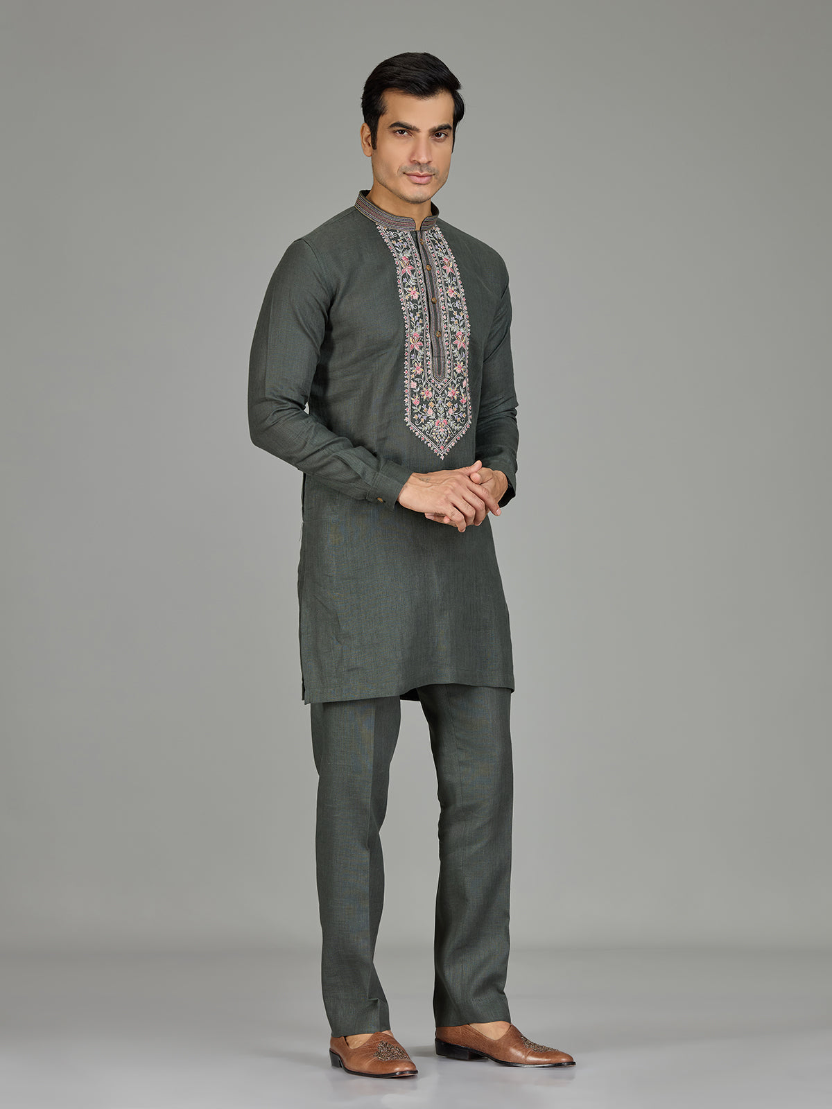 Green floral panel premium linen men kurta suit