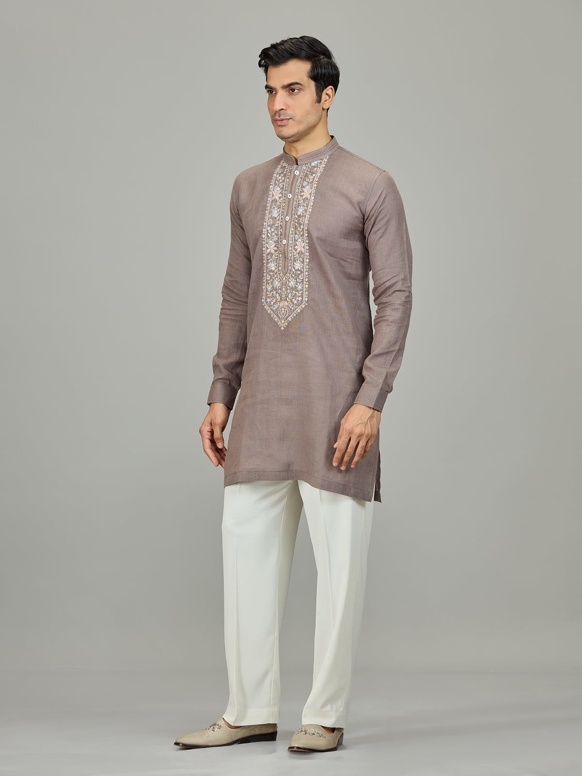 Grey botanical embroidered linen men kurta suit