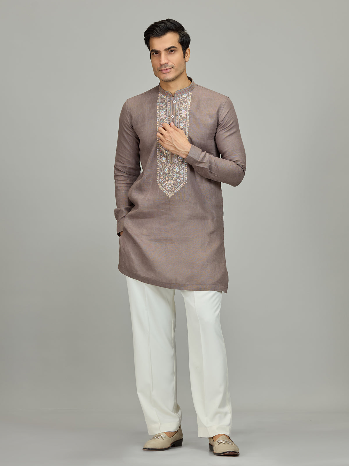Grey botanical embroidered linen men kurta suit