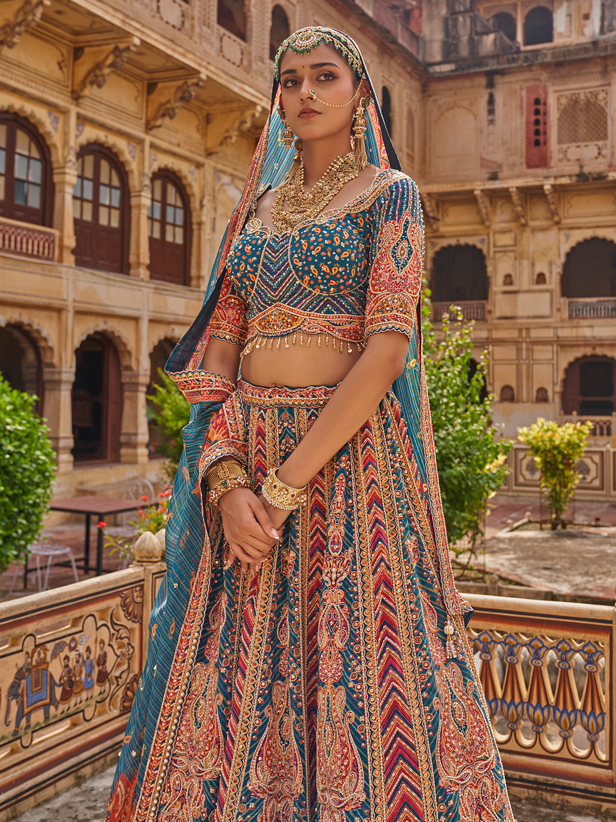 Teal blue mughal arch women bridal lehenga choli