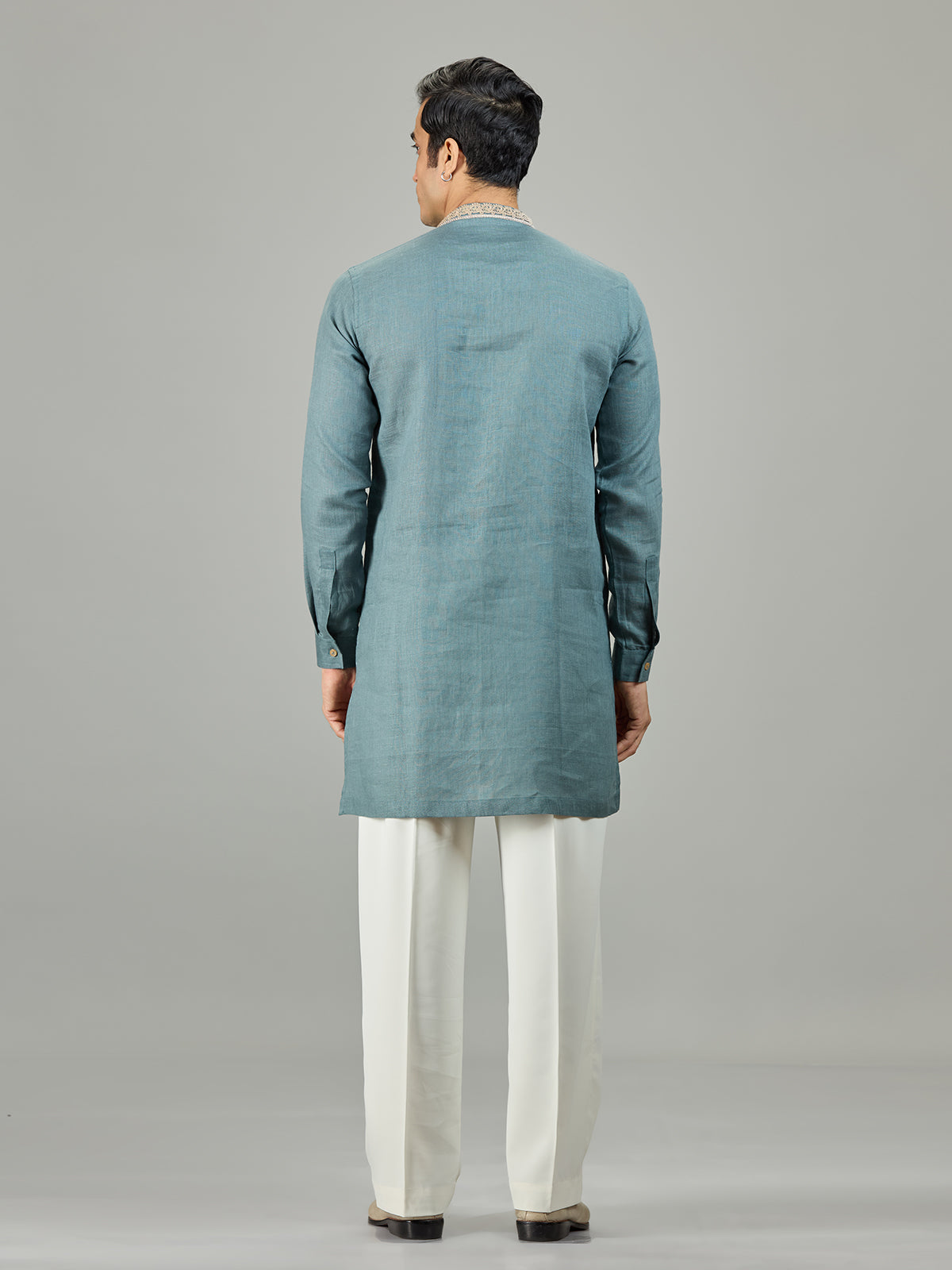 Sage green leaf border linen men kurta suit
