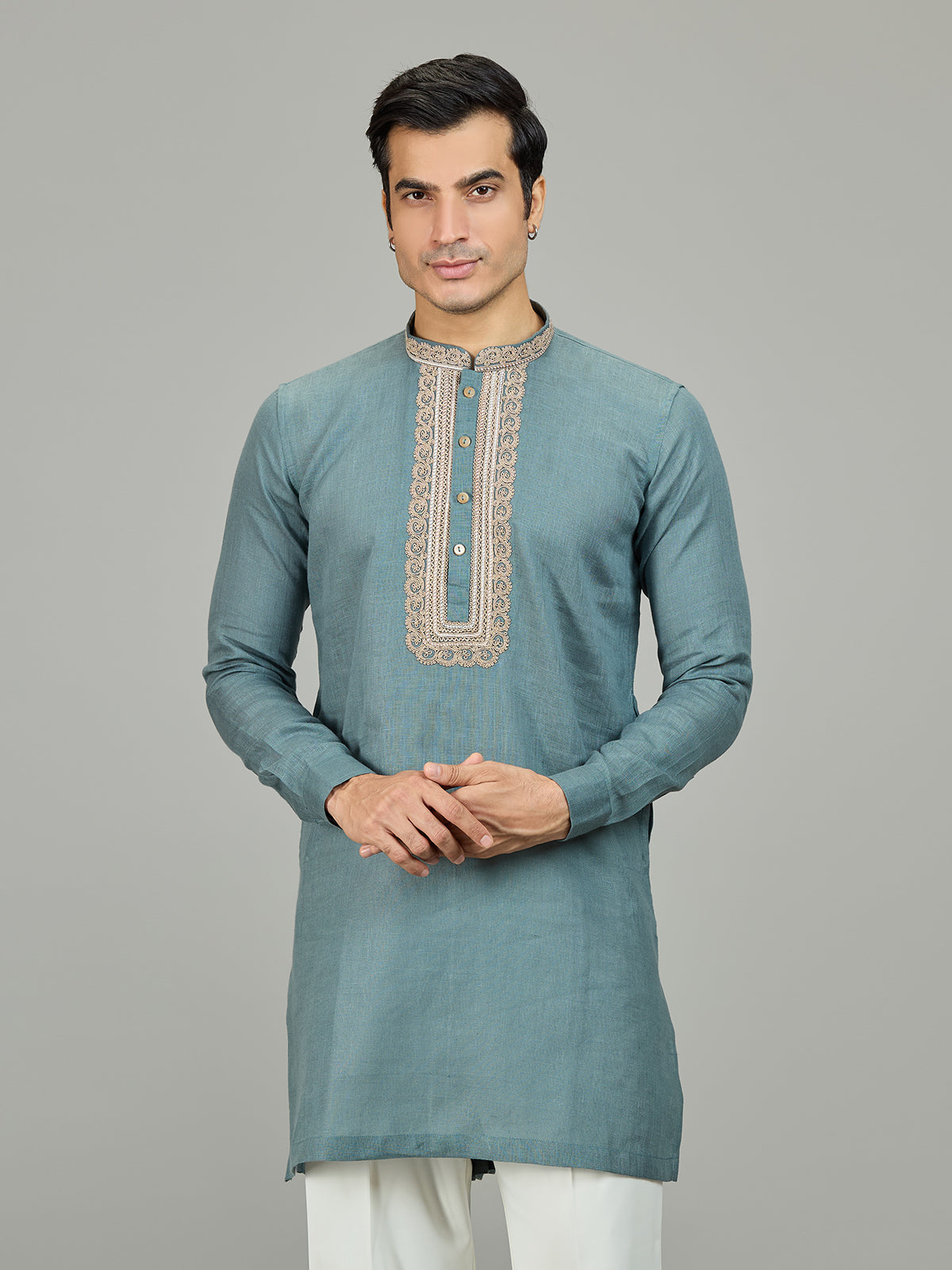 Sage green leaf border linen men kurta suit
