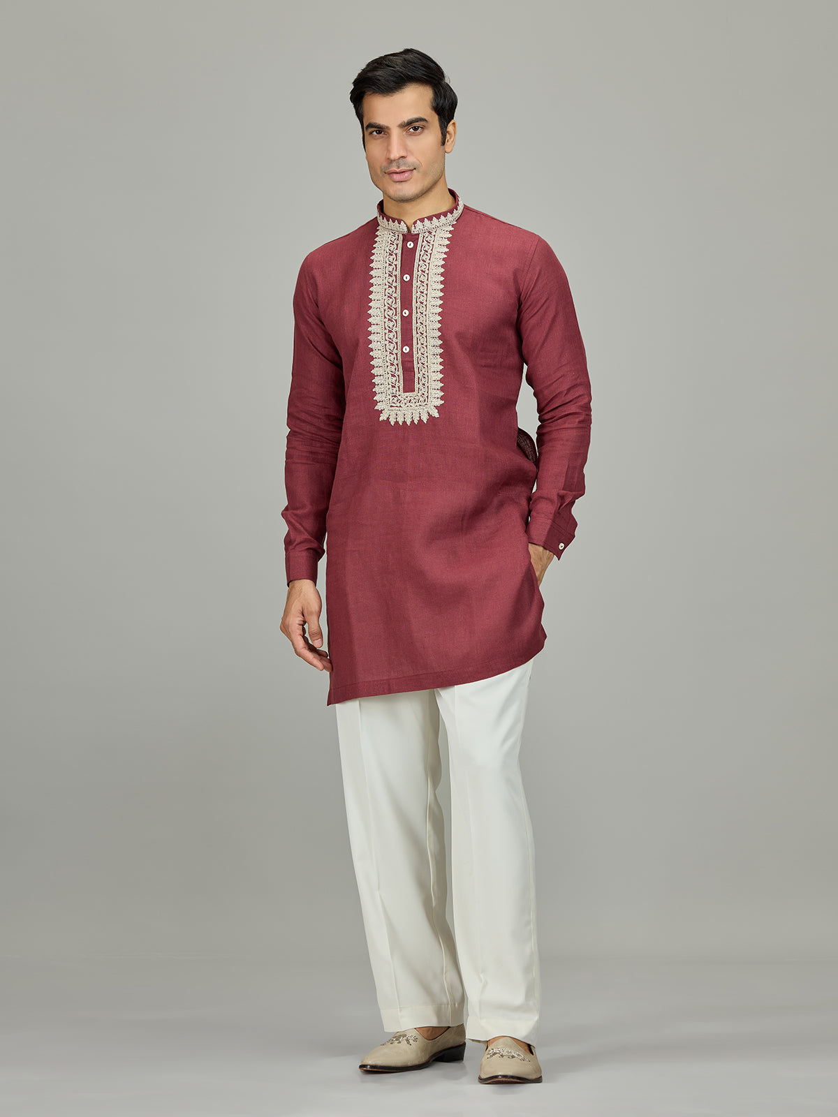 Maroon heritage border linen men kurta suit