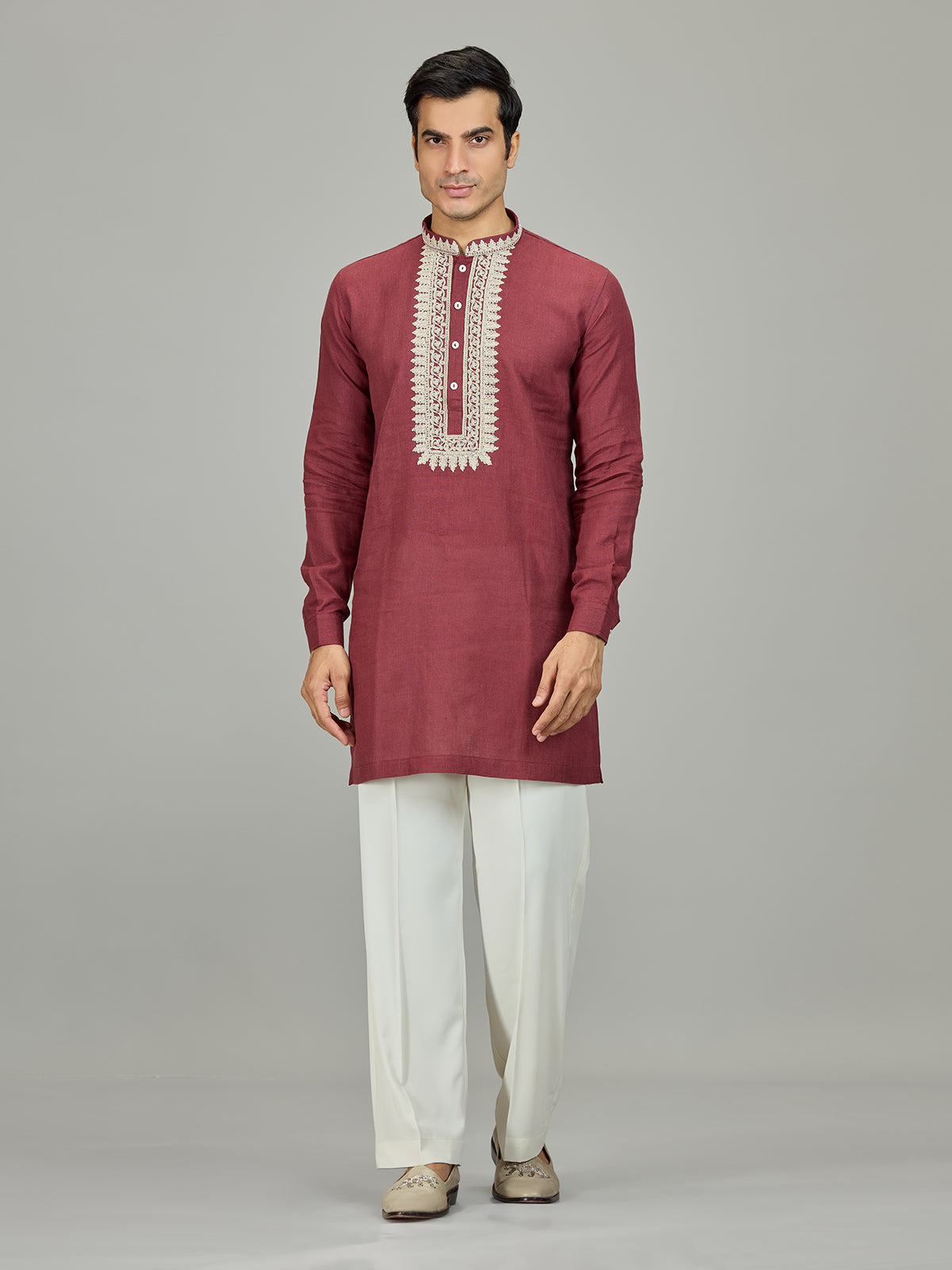 Maroon heritage border linen men kurta suit
