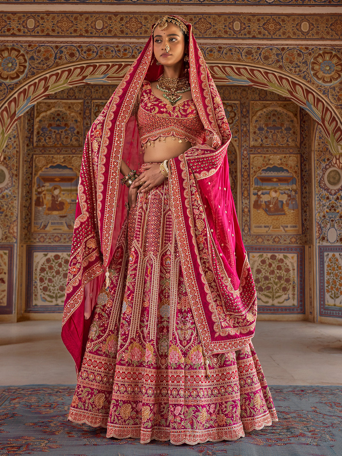 Magenta pink mughal floral women bridal lehenga choli