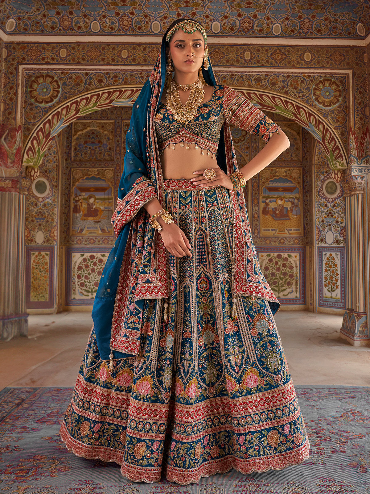 Teal blue floral mughal women bridal lehenga choli