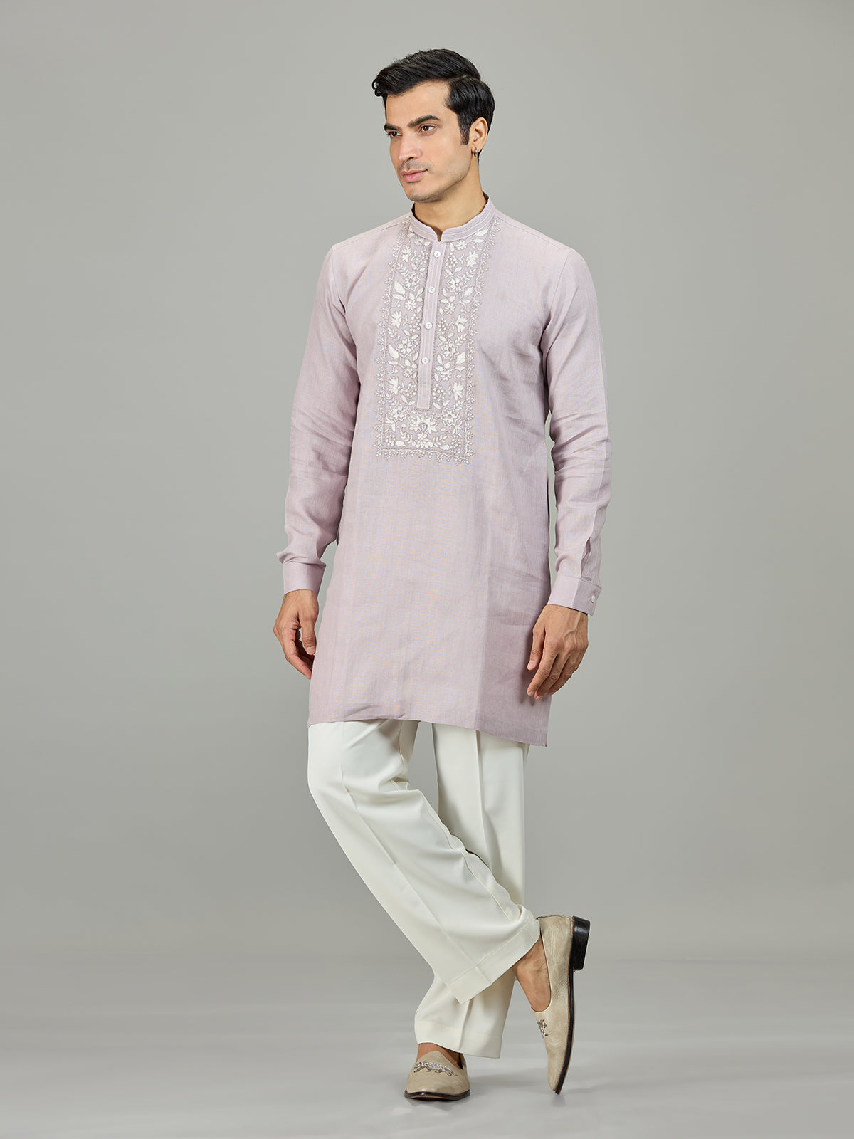 Lilac purple royal botanical linen men kurta suit