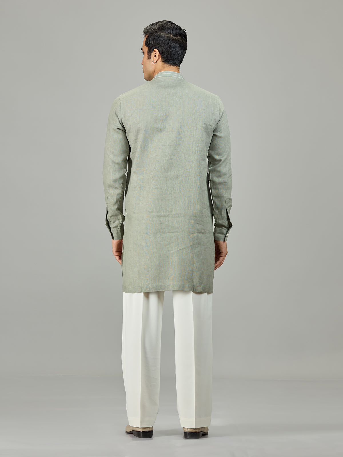 Stone green botanical panel linen men kurta suit