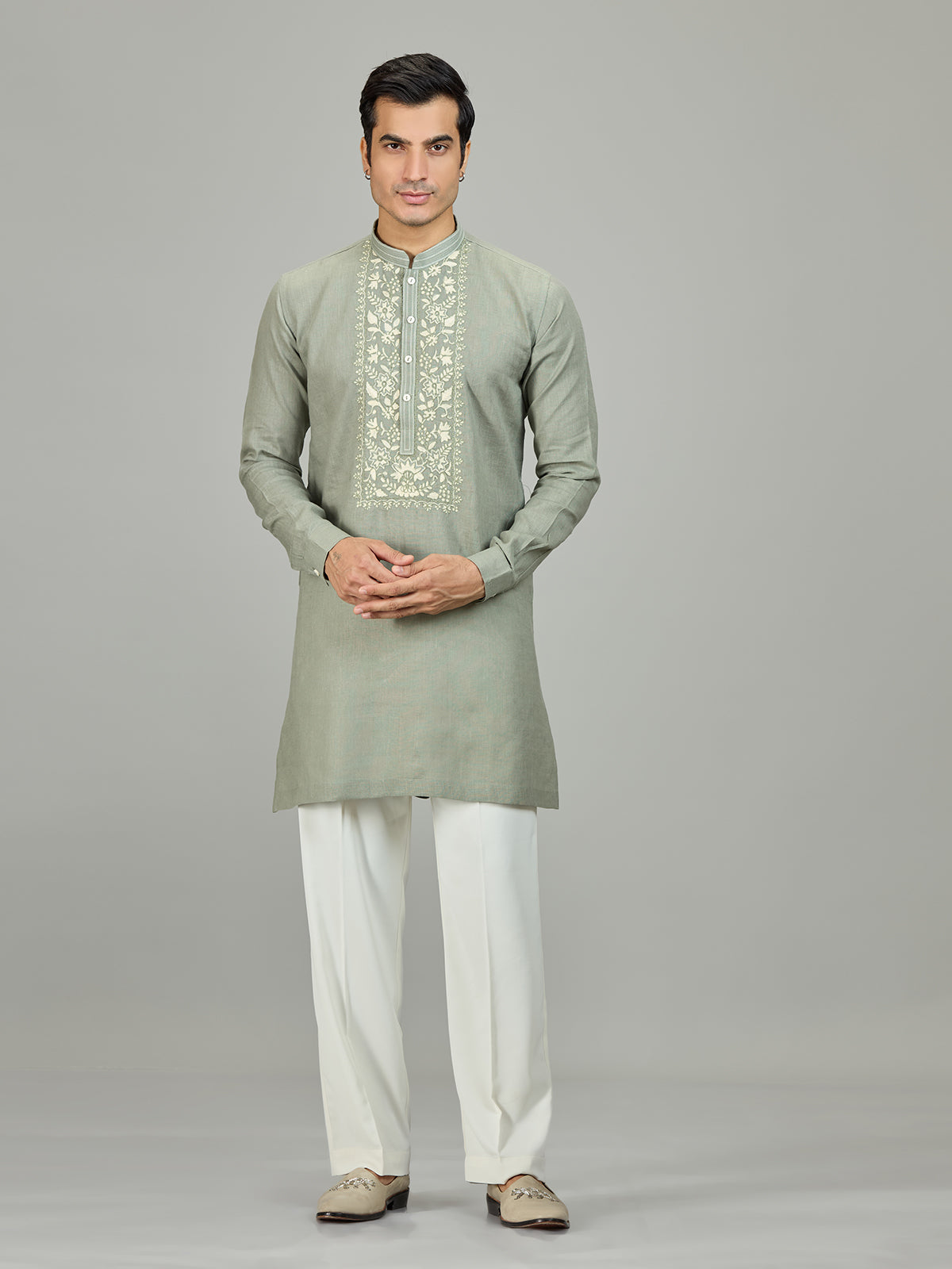 Stone green botanical panel linen men kurta suit