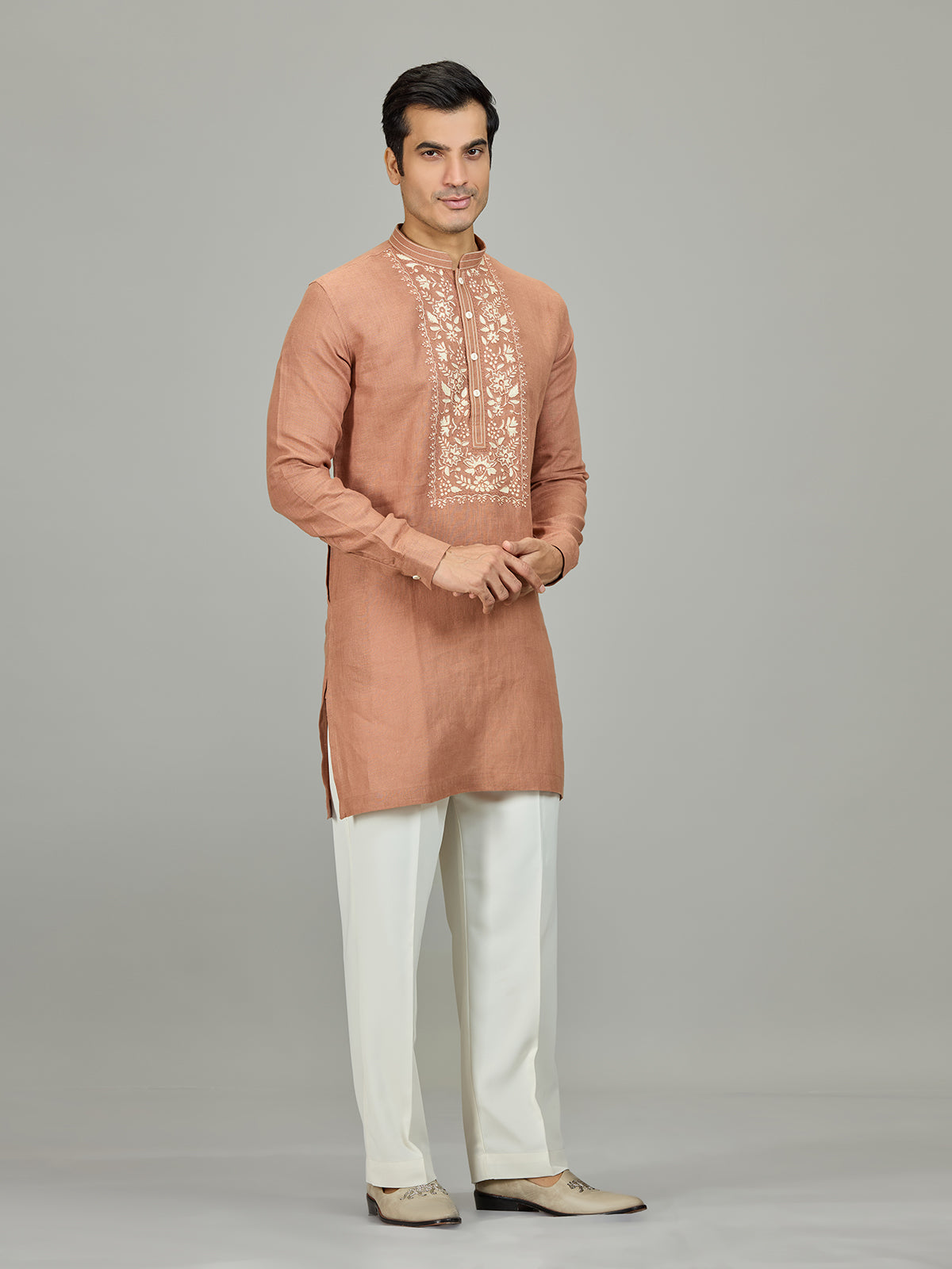 Rust peach kashmiri botanical linen men kurta suit